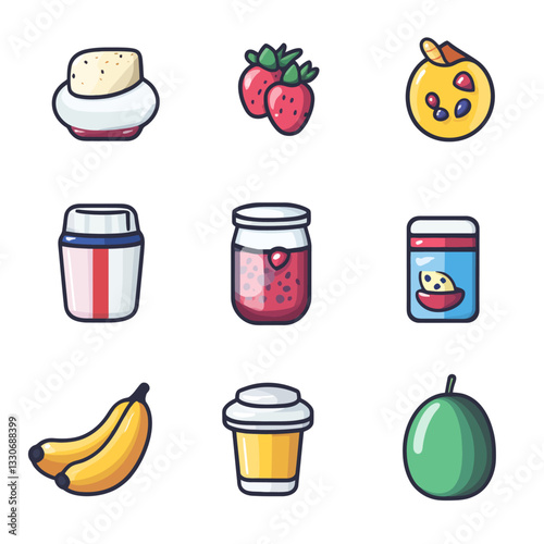 Fresh Food Icons: Vector Set of Healthy Fruit, Dessert, and Breakfast