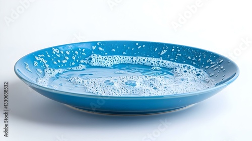 A blue plate with soap suds