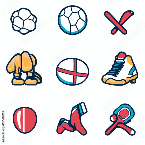 Sporty icon set featuring a soccer ball, shoe, and protective gear icons