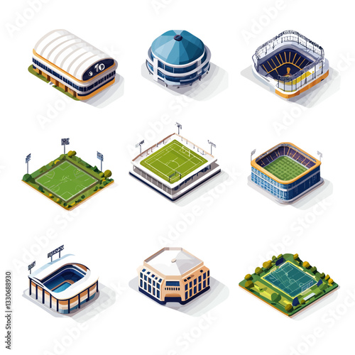 Isometric Sport Stadiums, Arenas and Fields, Architectural Vector Graphics
