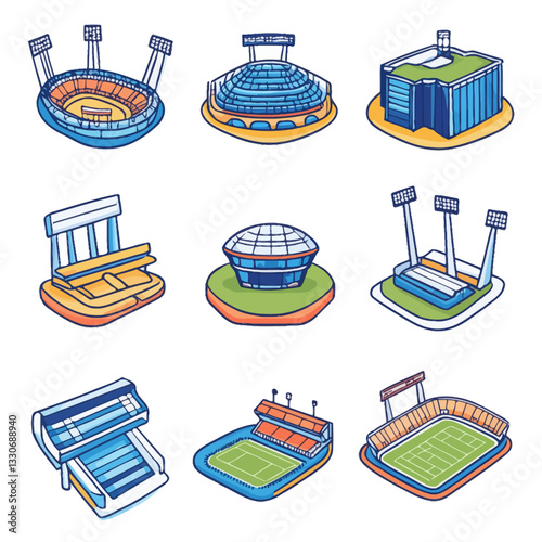 Collection of Illustrated Stadia and Arenas for Sports and Events Design