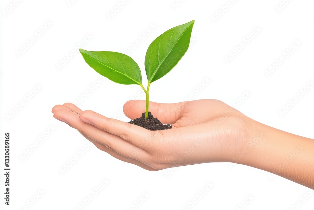Human Hand Gently Holding Small Green Plant with Fresh Leaves on White Background Human Hand Gently Holding Small Green Plant with Fresh Leaves on White Background