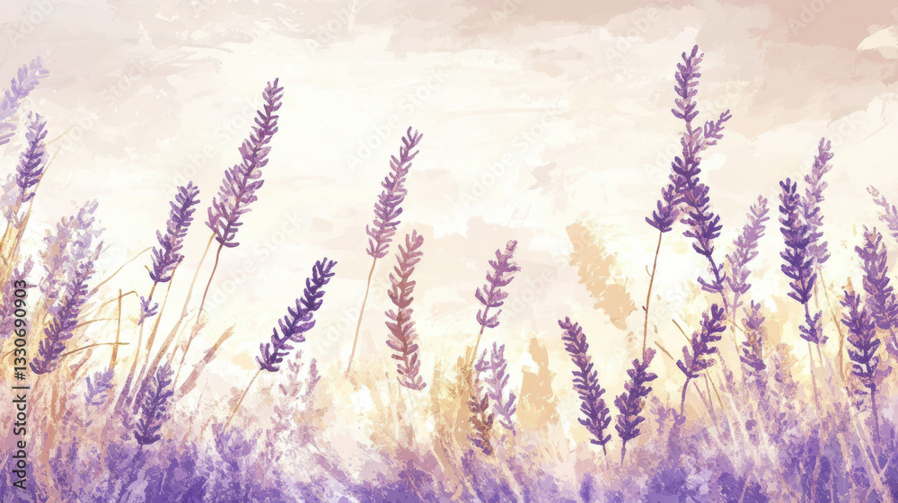 Fototapeta premium A stained glass-inspired artwork of lavender fields in full bloom, delicate purple hues blending into soft gold and blue tones, gentle wind swaying the flowers