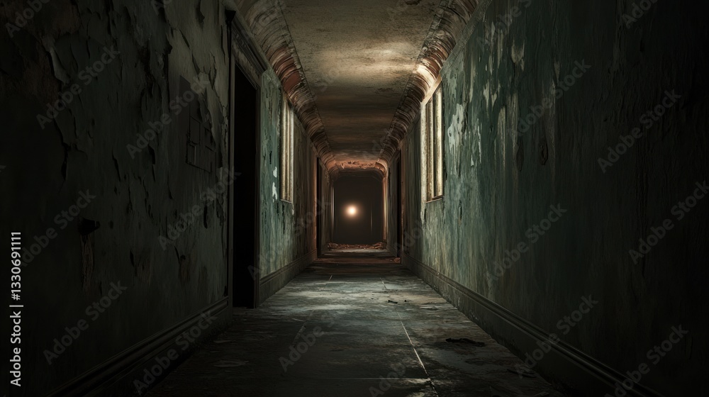 Eerie Abandoned Corridor with Peeling Walls and Dim Lighting Perfect for Horror Mystery and Eerie Abandoned Corridor with Peeling Walls and Dim Lighting Perfect for Horror Mystery and