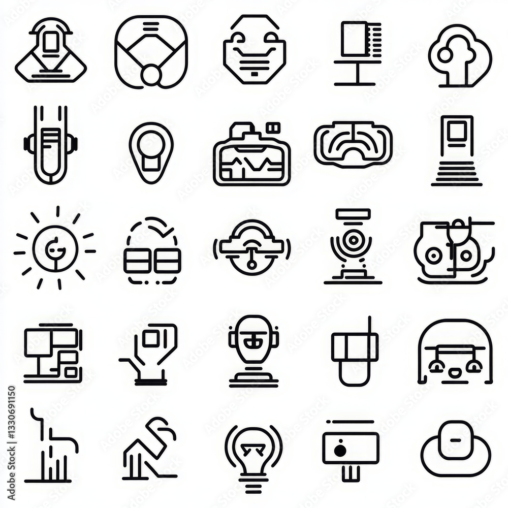 Technological icons representing transportation, computing, and data processing Technological icons representing transportation, computing, and data processing
