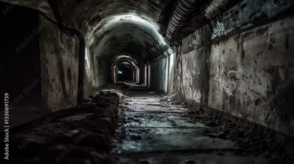 Obraz premium Dark Creepy Abandoned Tunnel with Wet Walls and Pipes Ideal for Horror Mystery or Adventure