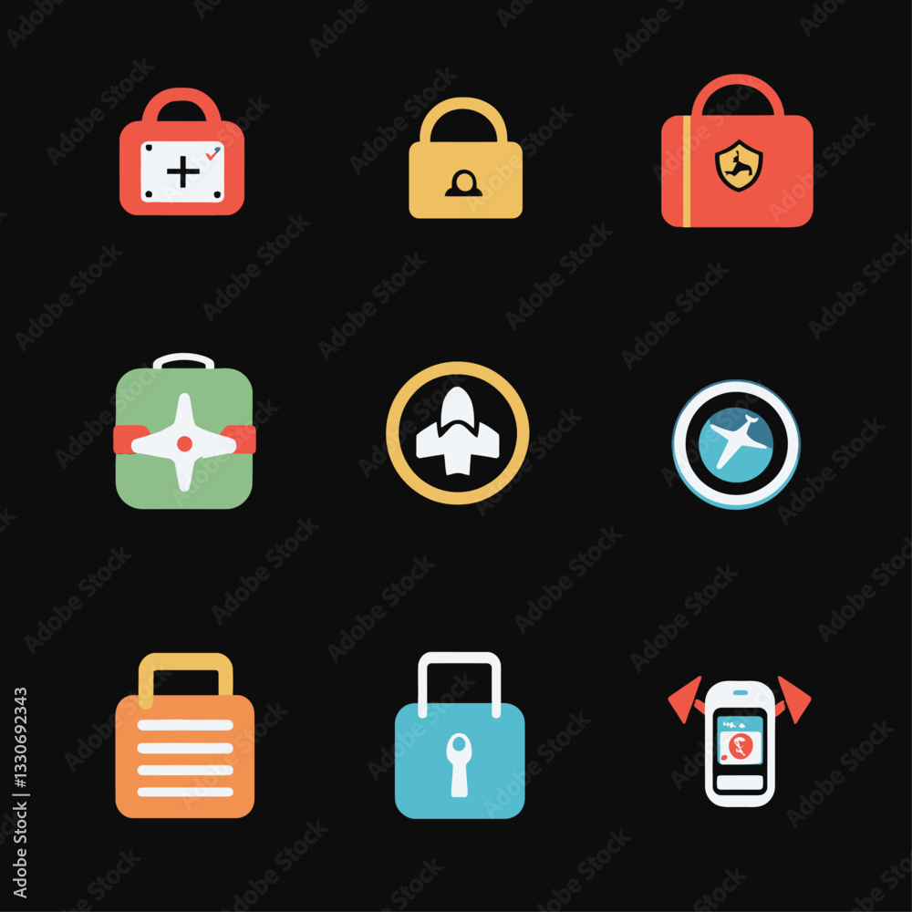 Colorful Security and Travel Icon Set with Locks, Rocket and Plane Colorful Security and Travel Icon Set with Locks, Rocket and Plane