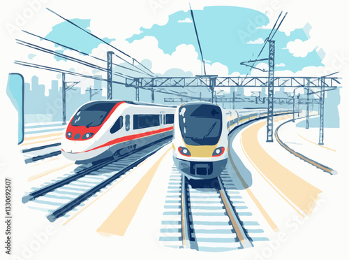high-speed rail travel with a vector scene featuring streamlined trains traversing modern rail networks. efficiency of high-speed trains
