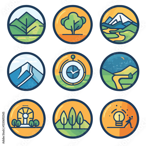 Nature Vector Icon Collection: Mountains, Trees, River, Clock, and Ideas