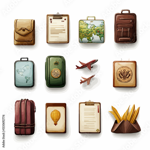 Travel document stamps with passport suitcases and vintage airplane art