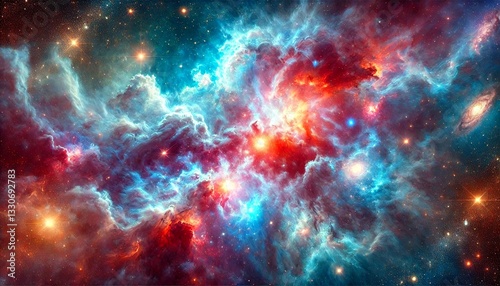 Cosmic explosion of colors in deep space: a bright nebula with intense shades of blue, red, and violet surrounded by stars and galaxies in a vast and fascinating stellar universe.