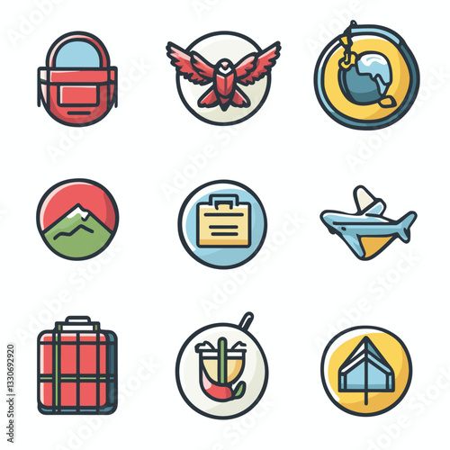 Icon set representing travel, adventure, business, and outdoor exploration