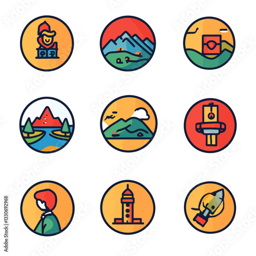 Travel Icons Set: Globe Landmarks, Landscapes, Man, Rocket in Circles
