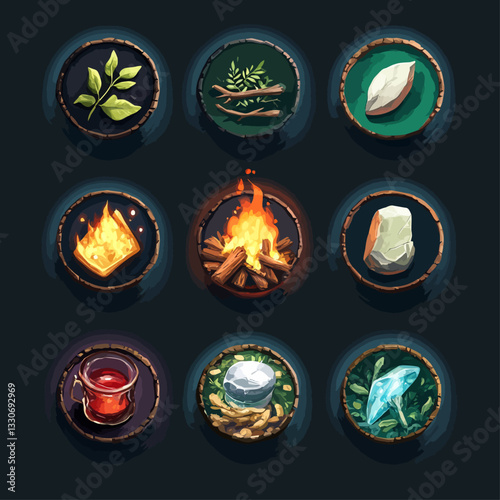 Game Icon Set: Nature, Fire, Potion, and Mushroom on Dark Background