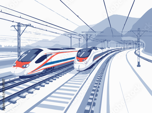 high-speed rail travel with a vector scene featuring streamlined trains traversing modern rail networks. efficiency of high-speed trains