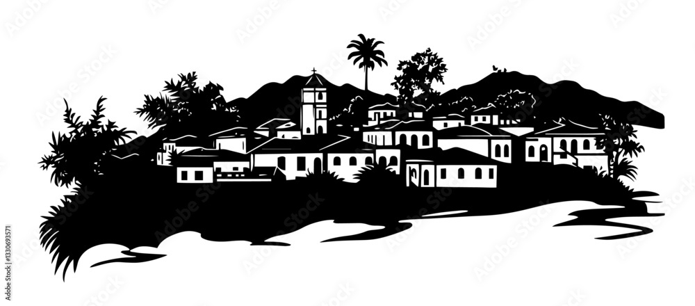 Obraz premium historic village with church and palm trees black silhouette vector shape