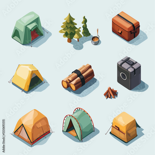 Isometric Camping Set Illustration: Tents, Gear, Trees, and Campfire Elements