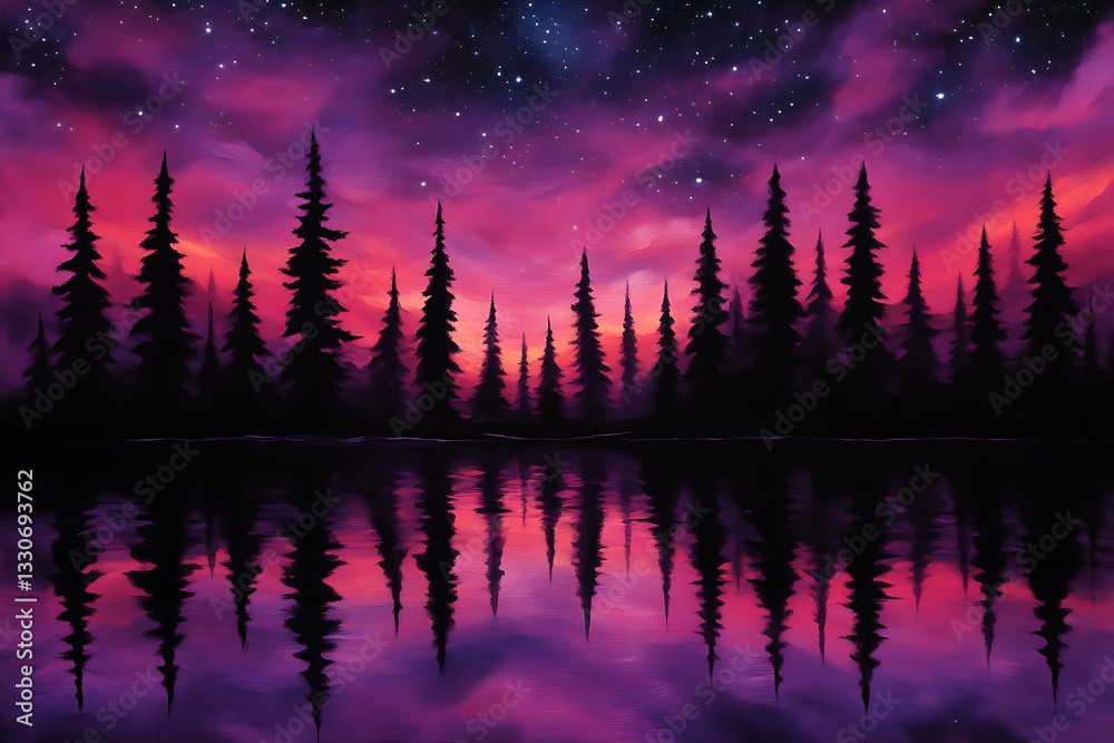 Fototapeta premium Forest Reflection at Dusk, Starry Sky, Calm Water