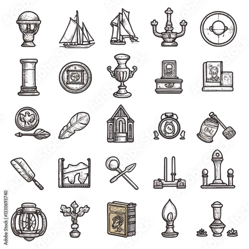 Detailed monochrome collage features various vintage artifacts and relics.