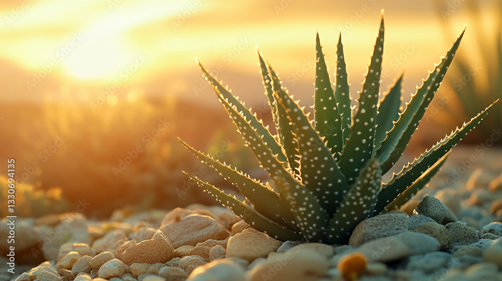 Succulent Plants In A Desert Background With Golden Sand And Soft Sunlight Showcasing The Beauty Of Arid Landscape Flora.
