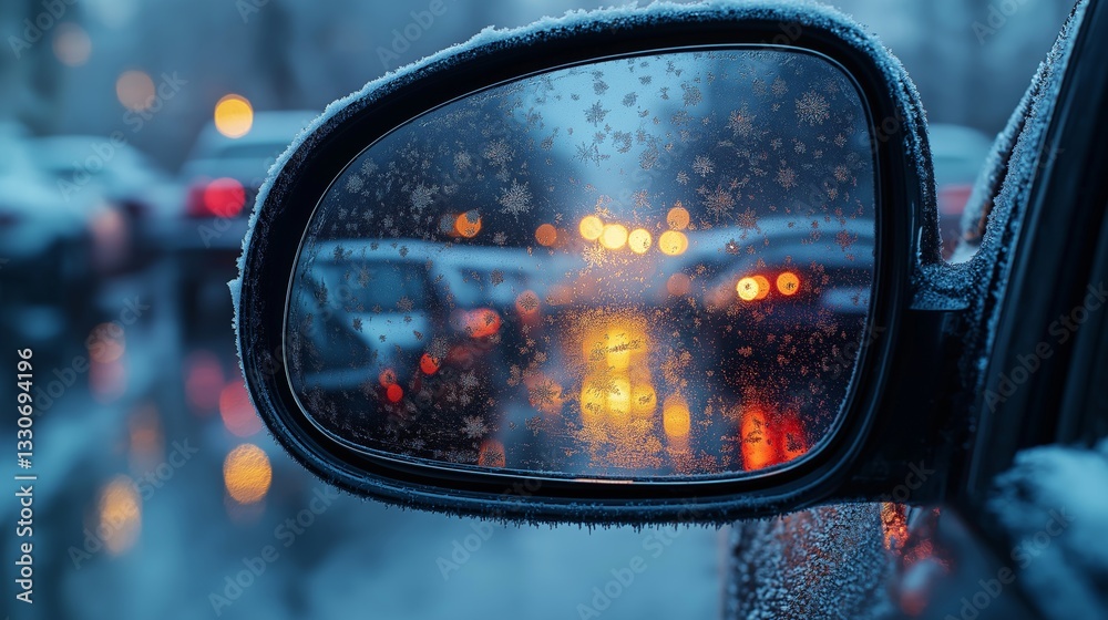  Frosty Car Side Mirror Reflecting Winter Traffic with Snowflakes