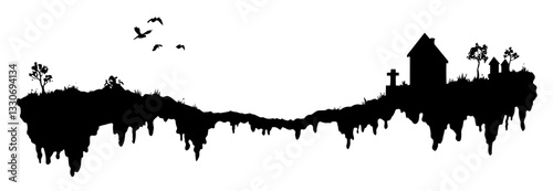floating island with house and cemetery black silhouette vector shape