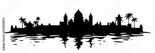 angkor wat temple with palm trees and reflection black silhouette vector shape