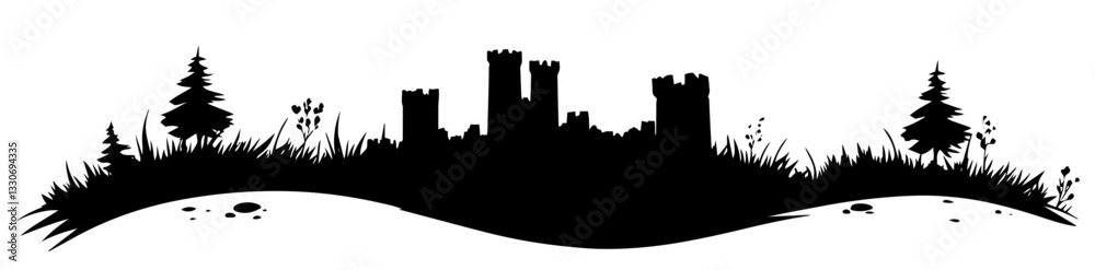 medieval castle on a hill with trees black silhouette vector shape medieval castle on a hill with trees black silhouette vector shape
