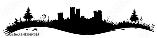 medieval castle on a hill with trees black silhouette vector shape