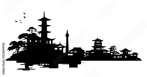 asian city skyline with traditional pagodas and trees in cultural black vector shape