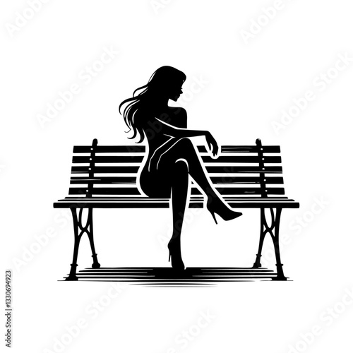 elegant woman sitting on a bench black silhouette vector shape