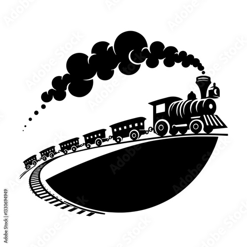 vintage steam train on curved track with smoke trail in bold black vector shape