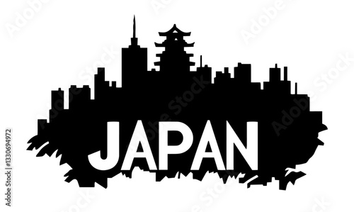 japan skyline with traditional pagoda and modern buildings in bold black vector shape