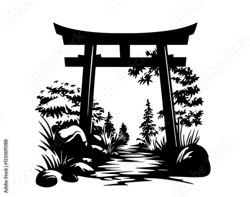japanese torii gate in forest path black and white traditional illustration