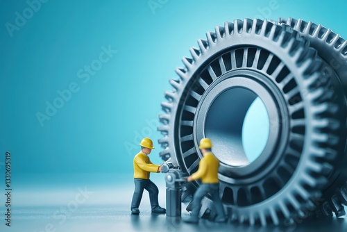 Tiny Figurines in Mechanical Engineering Concept with Gear on Blue Background