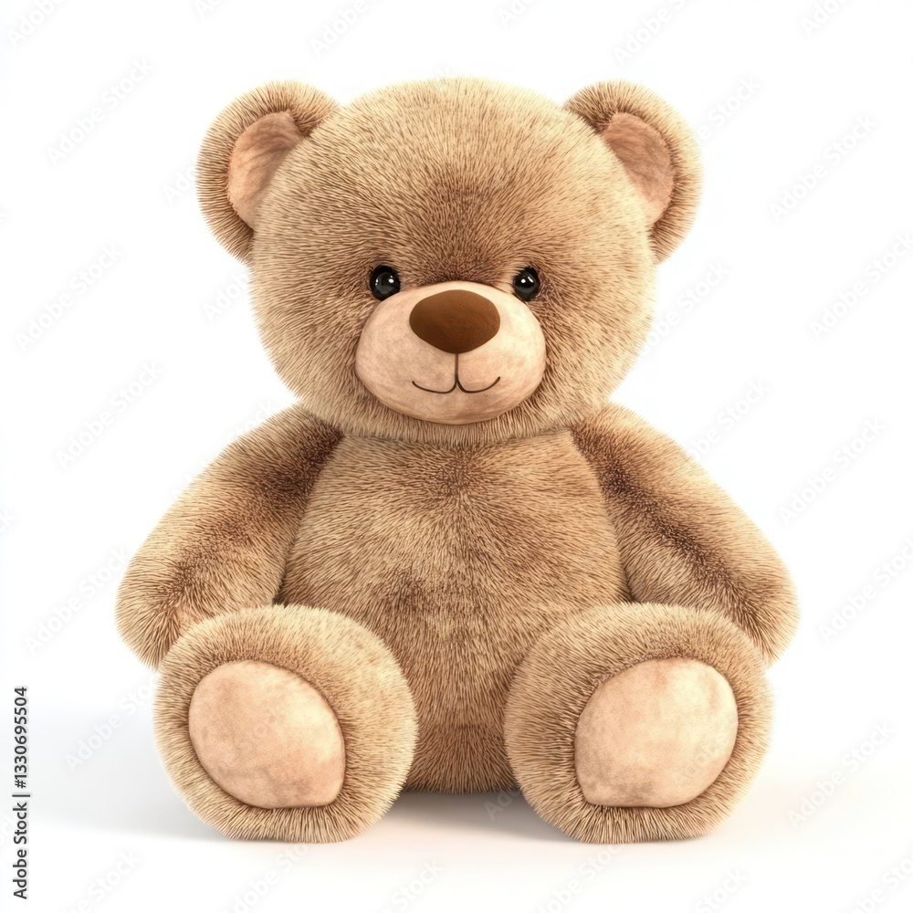 Obraz premium Adorable brown teddy bear sitting, white background, children's toy, nursery decor