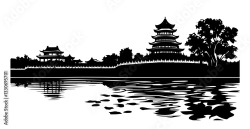 chinese pagoda with lake reflection and trees black silhouette vector shape