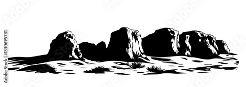 rocky desert landscape with scattered boulders black silhouette vector shape