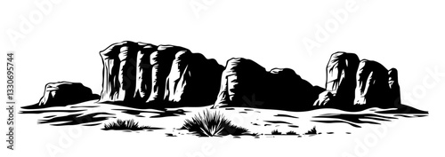desert rock formation with arid landscape black silhouette vector shape