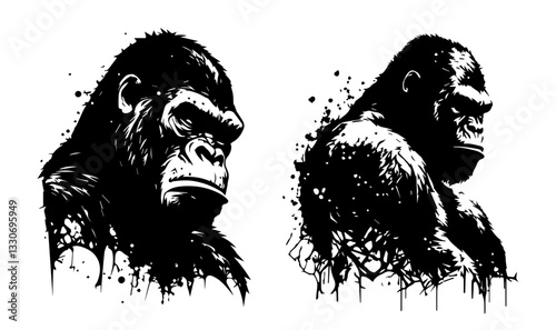 gorilla portraits with splatter ink effect black silhouette vector shape