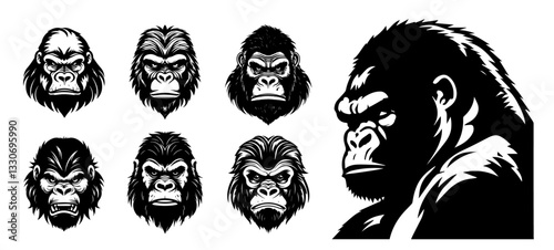 gorilla face collection with fierce expressions black silhouette vector shape
