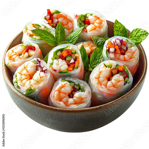 Shrimp and Vegetable Spring Rolls in Rice Paper Isolated on Transparent Background
