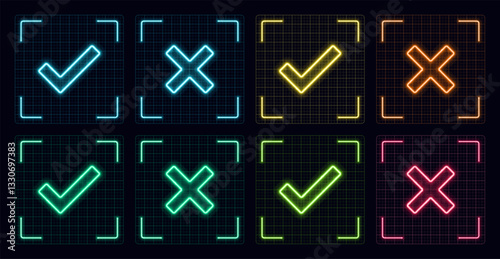 Right or wrong symbol set, cyber neon visual, glowing border grid vector.	