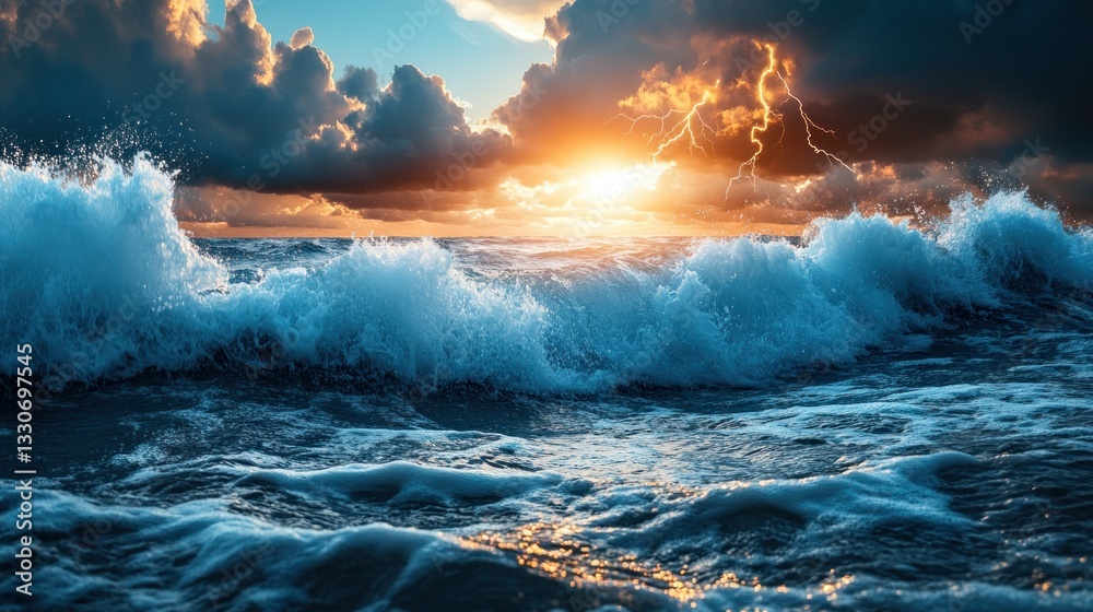 Fototapeta premium Stormy sunset over ocean waves. Dramatic sky. Potential use Stock photo for nature, travel, or advertising