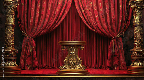 A Luxurious gold lined podium with red velvet curtains in royal setting