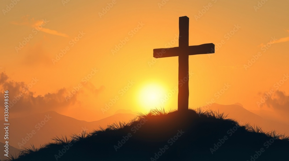 Sunset Silhouette Cross on Hilltop Landscape Sunset Silhouette Cross on Hilltop Landscape