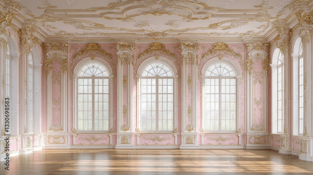 Naklejka premium Pastel pink rococo room with arched windows, ornate moldings, and hardwood floor