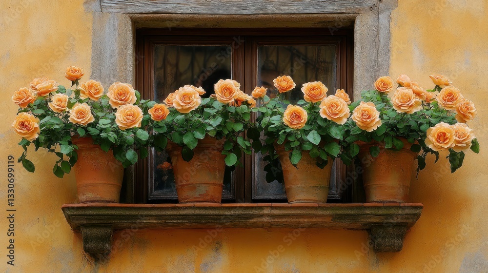 Fototapeta premium Peach roses bloom abundantly in terracotta pots adorning a rustic window box
