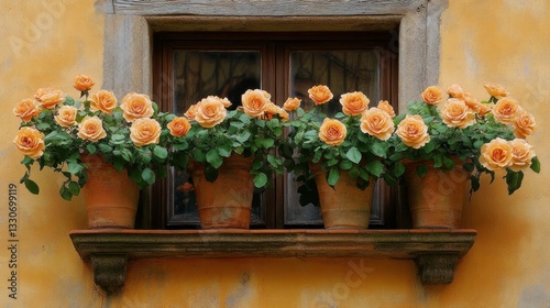 Peach roses bloom abundantly in terracotta pots adorning a rustic window box