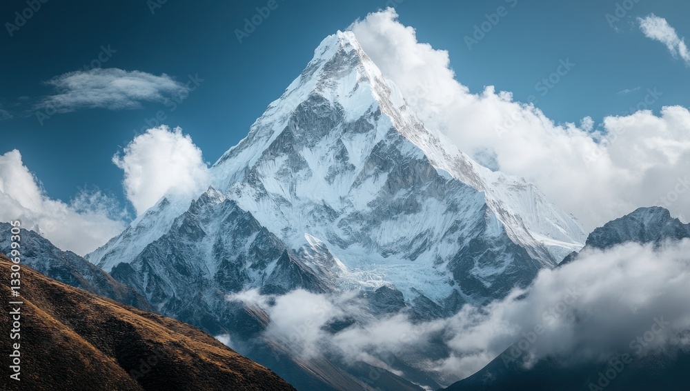 Fototapeta premium Majestic Snow-Capped Mountain Peak Surrounded by Dramatic Clouds and Blue Sky – Breathtaking Natural Landscape in HDR Photography